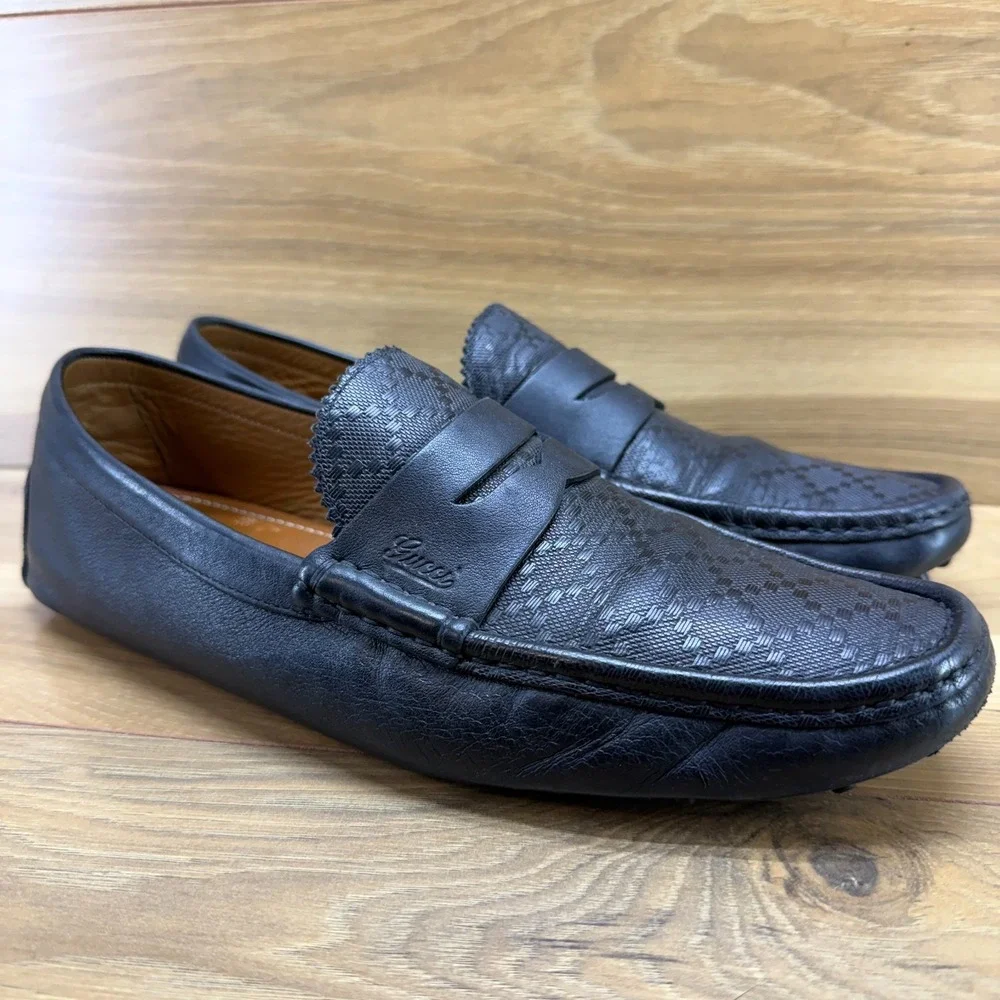 GUCCI GG GUCCISSIMA Driver Penny Loafers Mens US 10 UK 9 G Black Leather Travel